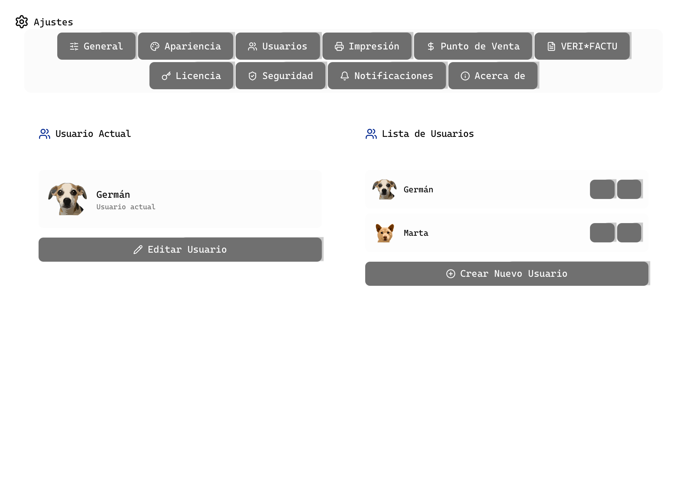 Gestion de usuarios en Ajustes