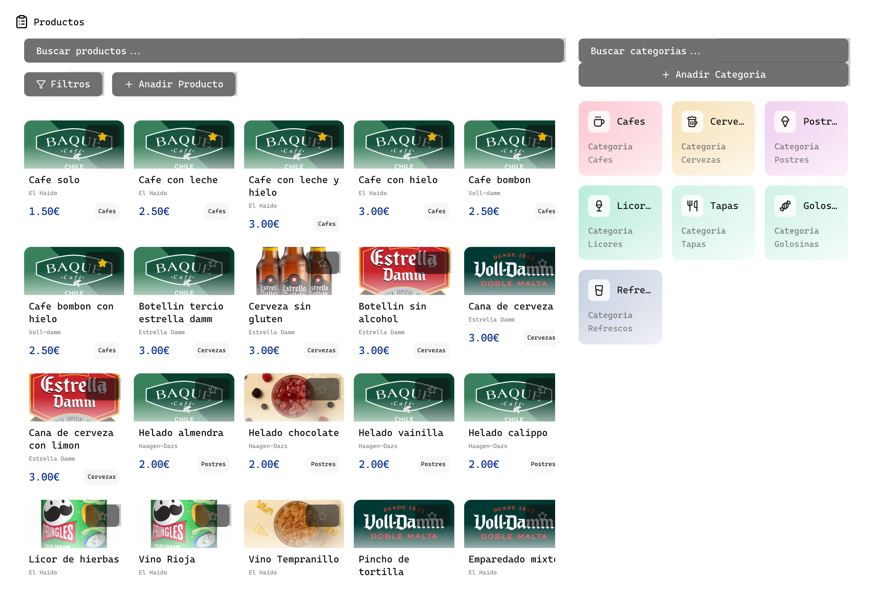 Vista del catálogo de productos