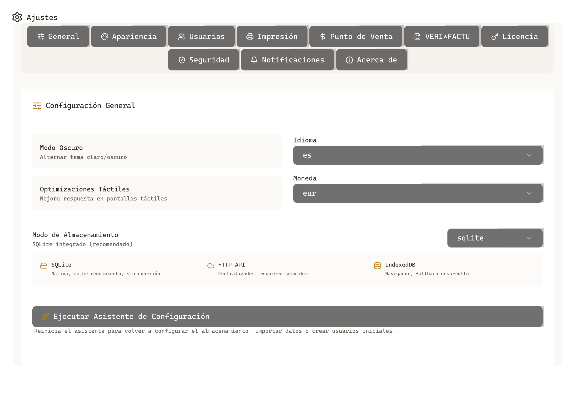 Pantalla de configuración