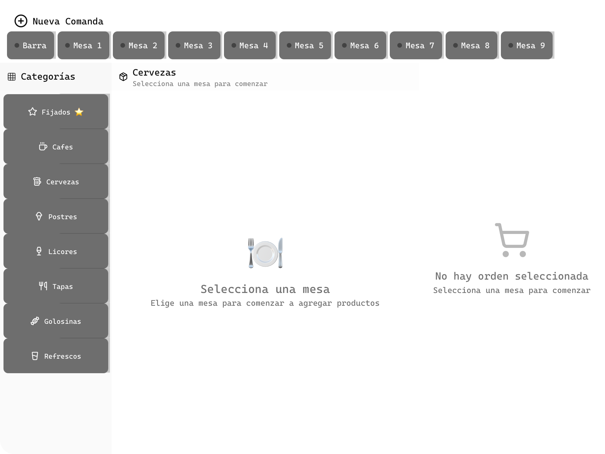 Interfaz de nueva comanda con productos